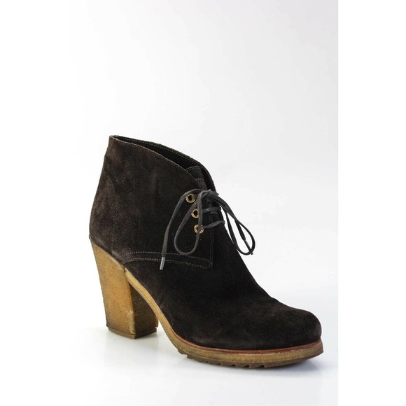 Prada Women's Dark Brown Suede Lace Up Ankle Booties - Used - Size 41.5